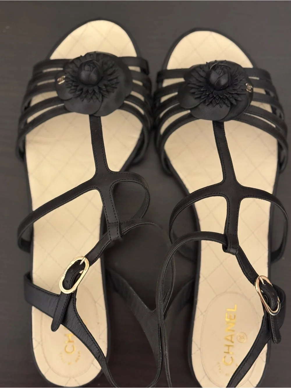 CHANEL Black Leather Camellia T-Strap Sandals